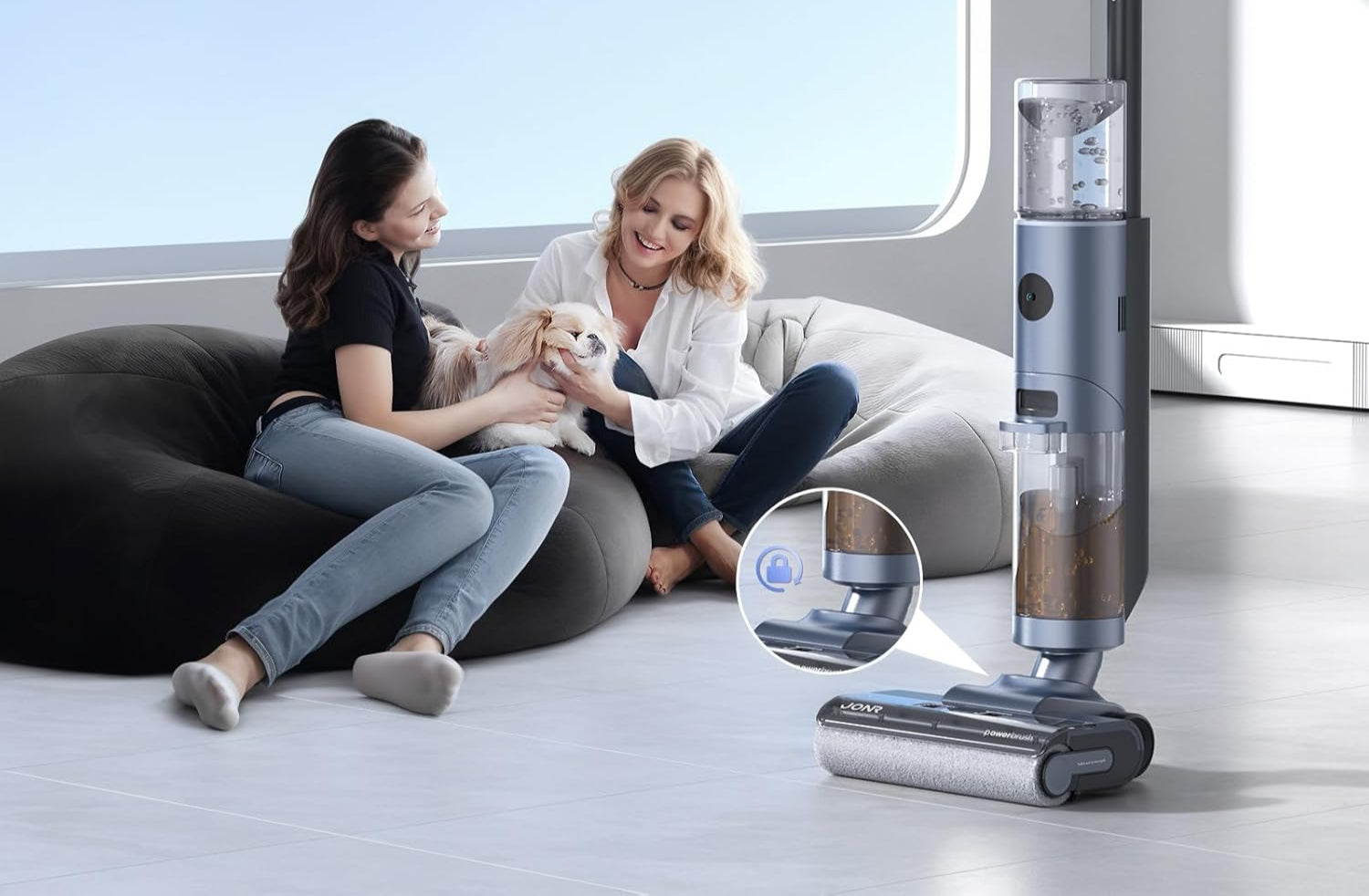 JONR ED12 Pro Aspiradora Húmeda y Seca, 3 en 1 Mopa Eléctrica Sin Cable, Limpieza de Tres Lados, Auto-Limpieza con Agua Caliente, Secado con Aire Caliente para Suelos Duros y Pelo de Mascotas