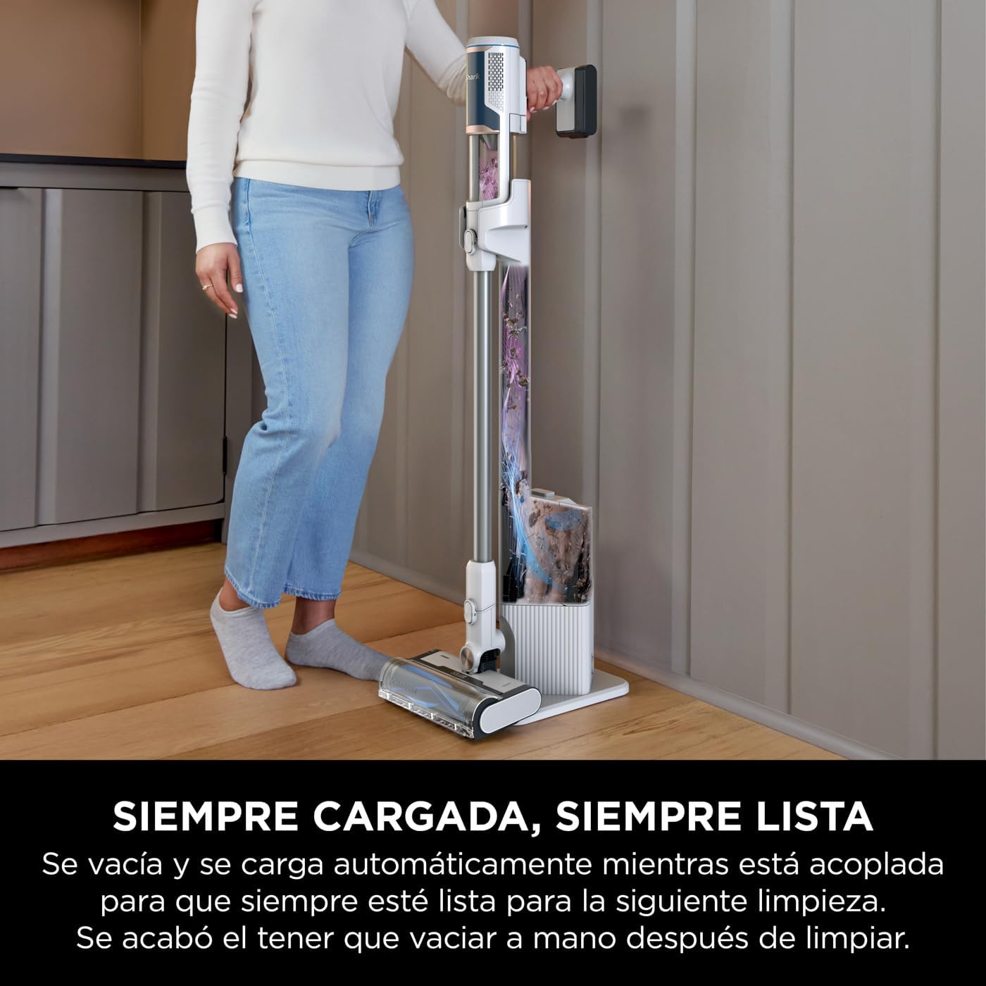 Shark Clean & Empty Aspiradora sin cable, 40 min de autonomía, sistema de vaciado automático, ligera, Anti Hair Wrap, minicepillo pelo de mascotas y boquilla estrecha, luces LED, blanco/azul, BU3521EU