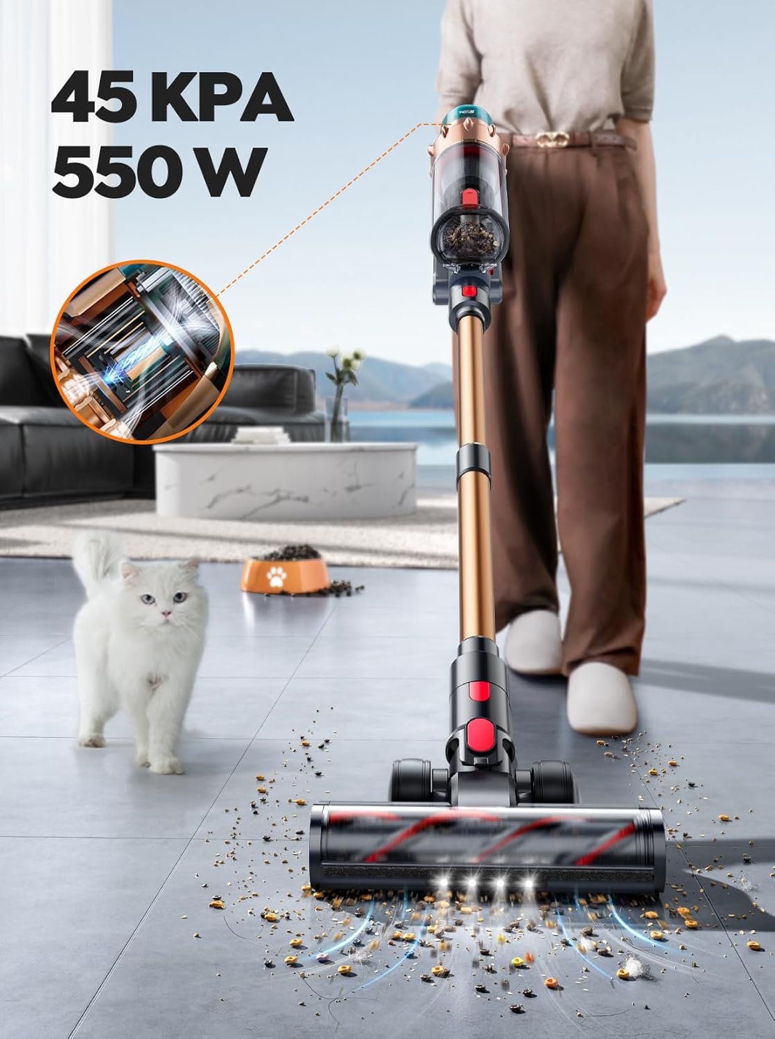 SMOTURE 45KPA/550W/60 Min Aspiradora sin Cable, Pantalla Táctil LED Inteligente, Cepillo Antienredos, para Suelos Duros y Alfombras