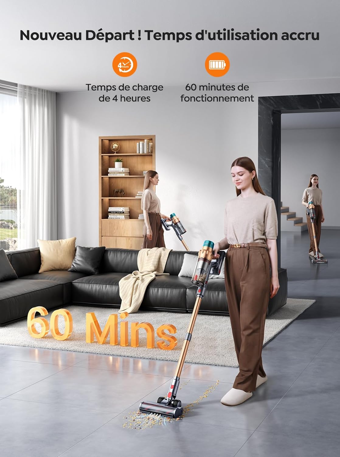 SMOTURE 45KPA/550W/60 Min Aspiradora sin Cable, Pantalla Táctil LED Inteligente, Cepillo Antienredos, para Suelos Duros y Alfombras