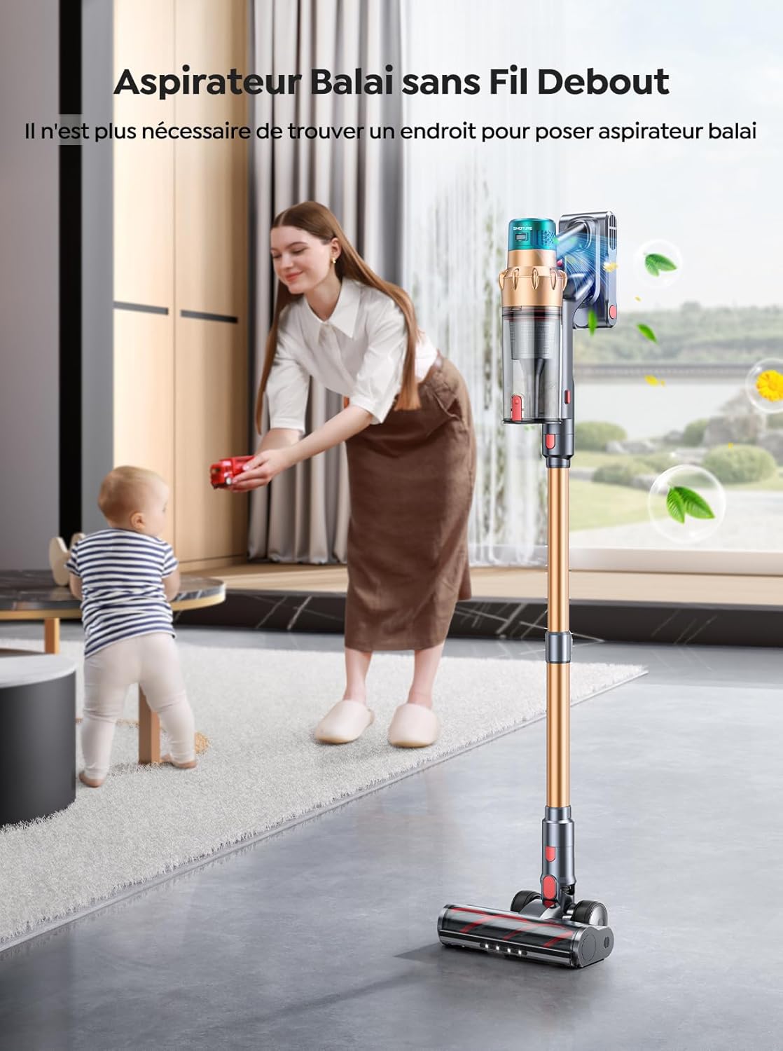 SMOTURE 45KPA/550W/60 Min Aspiradora sin Cable, Pantalla Táctil LED Inteligente, Cepillo Antienredos, para Suelos Duros y Alfombras