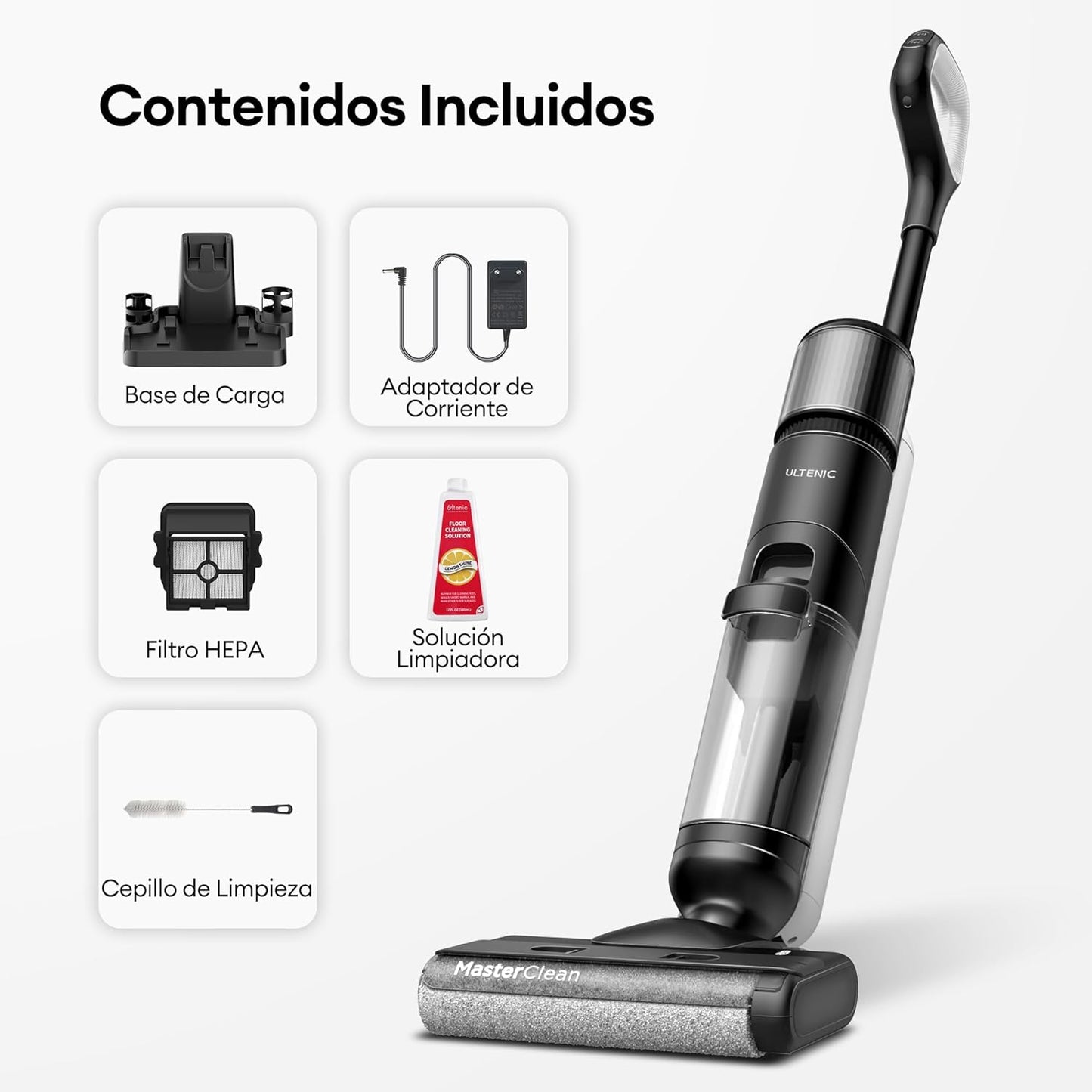 Ultenic Aspiradora Escoba Inteligente 3 en1 (Seco/Húmedo) Autolimpieza y 50min Autonomía | Aspiradora Fregona Eléctrica para para Suelos Duros/Laminados | Certificado CE-RoHS