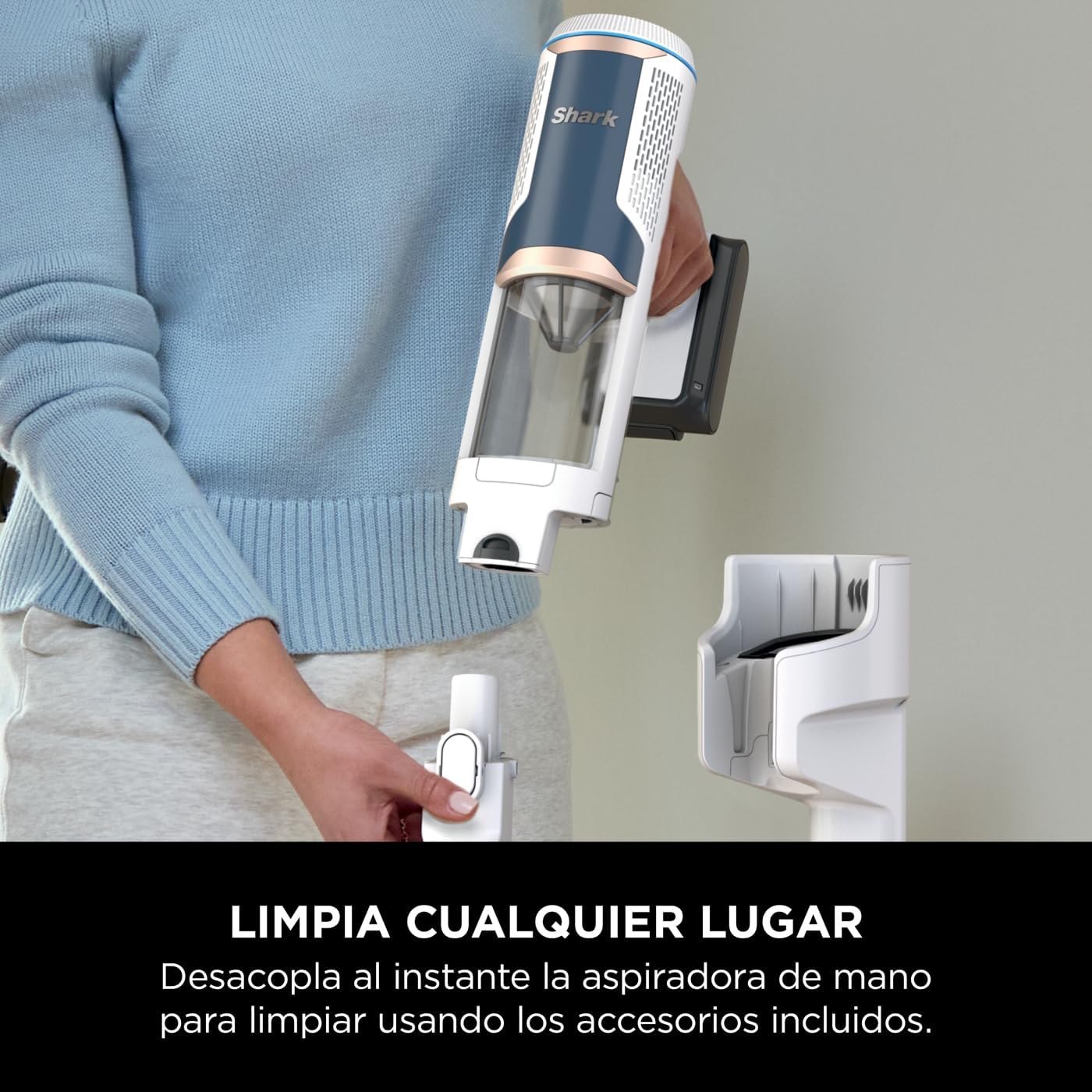 Shark Clean & Empty Aspiradora sin cable, 40 min de autonomía, sistema de vaciado automático, ligera, Anti Hair Wrap, minicepillo pelo de mascotas y boquilla estrecha, luces LED, blanco/azul, BU3521EU