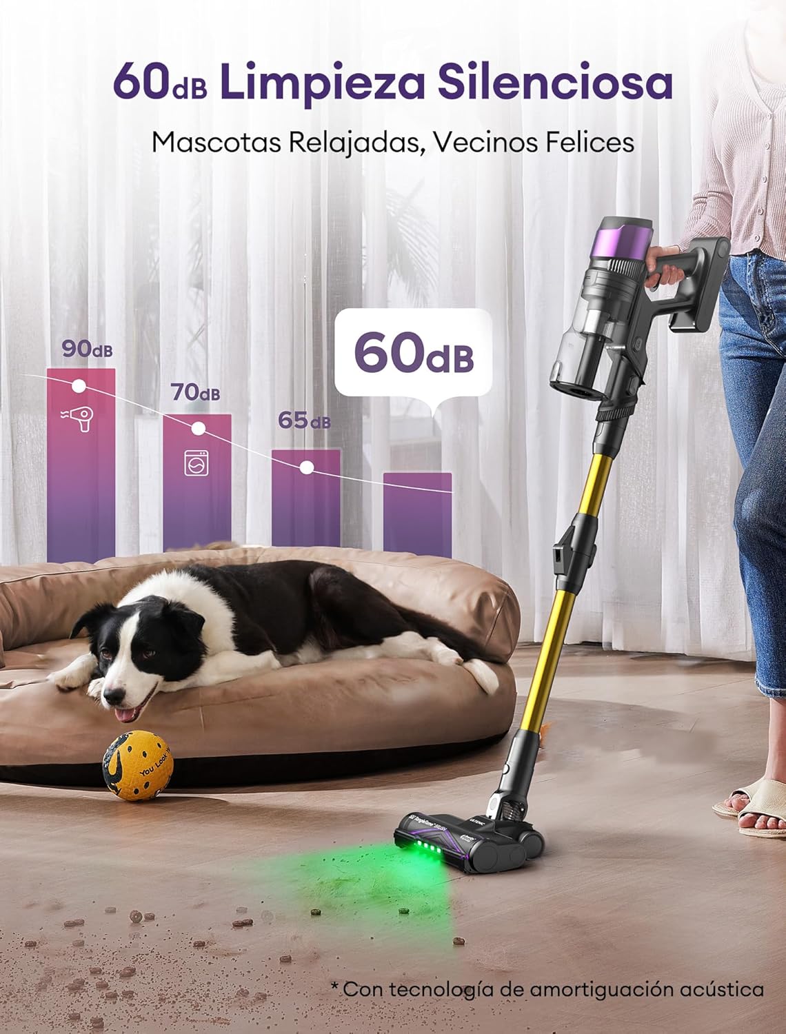 Ultenic U20 Aspiradora sin Cable 55Kpa/60Min, Cepillo Anti-Enredo Mejorado 2025, Aspirador Escoba con Brazo Flexible, Limpieza Ultraprofunda Bajo Muebles sin Agacharse (Oro y Morado)