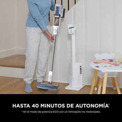 Shark Clean & Empty Aspiradora sin cable, 40 min de autonomía, sistema de vaciado automático, ligera, Anti Hair Wrap, minicepillo pelo de mascotas y boquilla estrecha, luces LED, blanco/azul, BU3521EU