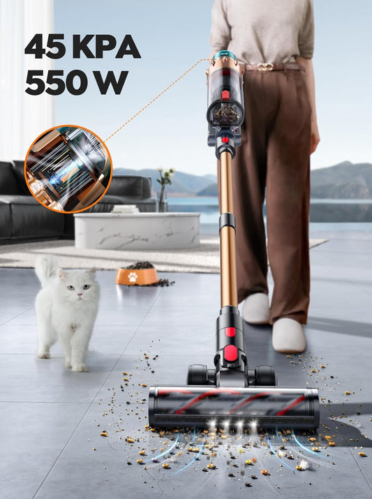 SMOTURE 45KPA/550W/60 Min Aspiradora sin Cable, Pantalla Táctil LED Inteligente, Cepillo Antienredos, para Suelos Duros y Alfombras
