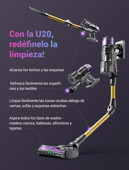 Ultenic U20 Aspiradora sin Cable 55Kpa/60Min, Cepillo Anti-Enredo Mejorado 2025, Aspirador Escoba con Brazo Flexible, Limpieza Ultraprofunda Bajo Muebles sin Agacharse (Oro y Morado)