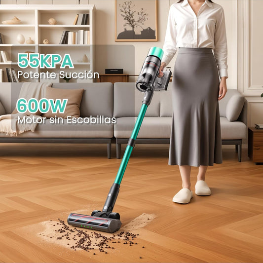 SmartAI V5 Aspiradora sin Cable, 55Kpa/600W/80Mins Aspirador Escoba Vertical Potente con Modo Automático, Alta Capacidad Batería Aspirador Inalámbrico Antienredo para Suelo/Alfombra/Pelos de Animales