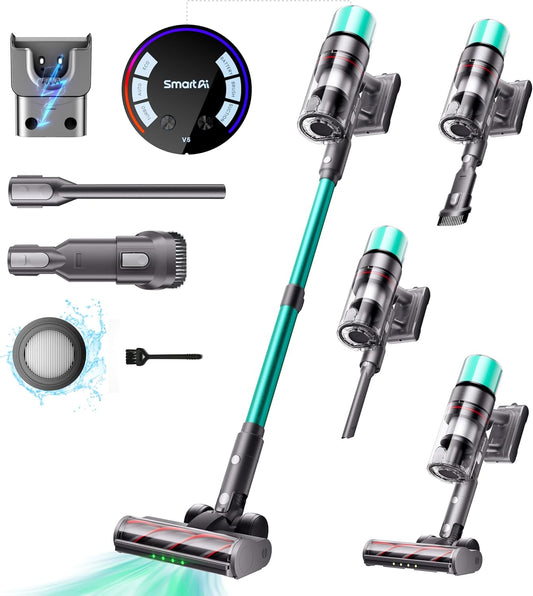 SmartAI V5 Aspiradora sin Cable, 55Kpa/600W/80Mins Aspirador Escoba Vertical Potente con Modo Automático, Alta Capacidad Batería Aspirador Inalámbrico Antienredo para Suelo/Alfombra/Pelos de Animales