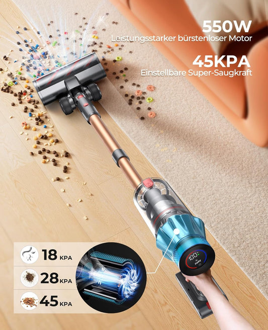 45kPa/550w/60Min Aspiradora sin Cable Potente Escoba Aspiradora Vertical sin Cable Aspirador Escoba Antienreda con 7 etapas filtradas LED Pantalla Táctil para Suelo/Alfombra, Recargable de Pared, 1.5L