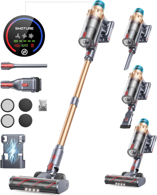 SMOTURE 45KPA/550W/60 Min Aspiradora sin Cable, Pantalla Táctil LED Inteligente, Cepillo Antienredos, para Suelos Duros y Alfombras